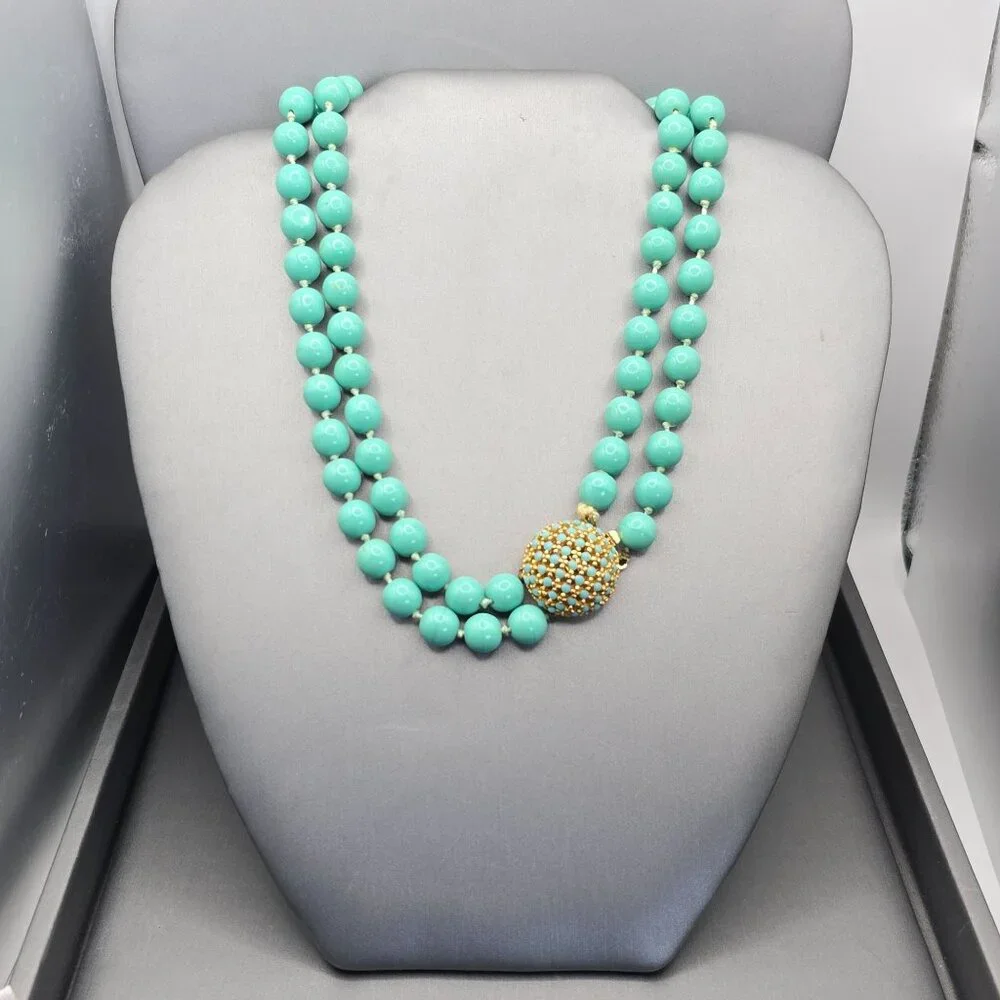 VTG Double Strand Turquoise Colored Bead Choker Necklace 15" Gold-Tone Box Clasp - Picture 2 of 15